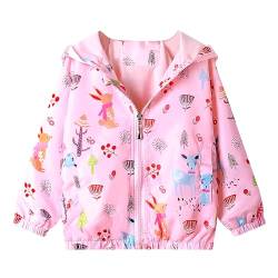 JinBei Kinder Jacken Mädchen Jacke Kapuzen Sweatjacke Kapuzenjacke Rosa Elch Cartoons Blatt Winddicht Mantel Windjacke Übergangsjack Frühling Herbst Outwear Softshelljacke 5-6 Jahre von JinBei