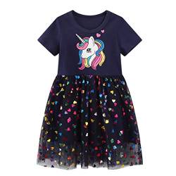 JinBei Kleid für Mädchen Pailletten Einhorn Tüll Marine Kleider Kinder Baumwolle Kurzarm Sommer Cartoon Pferd T-Shirt Kleid Alter 6-7 Jahre von JinBei