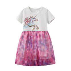 JinBei Kleider für Mädchen Pailletten Einhorn Tüll Kleid Kinder Baumwolle Kurzarm Sommer Cartoon Pferd T-Shirt Kleid Alter 4-5 Jahre, Lila Grau von JinBei