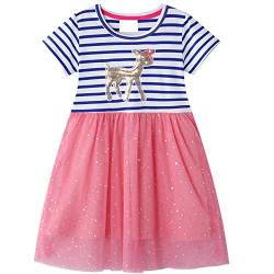 JinBei Kleider für Mädchen Pailletten Einhorn Tüll Rosa Kleid Kinder Blau Streifen Baumwolle Kurzarm Sommer Cartoon Pferd T-Shirt Kleid Alter 5-6 Jahre von JinBei