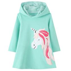 JinBei Mädchen Kapuzen Kleid Kinder Einhorn Pailletten Langarm Kapuzenpullover Baumwolle Freizeit Hoodies Pullover Sweatshirt Kleid Grün Tops Herbst 6-7 Jahre von JinBei