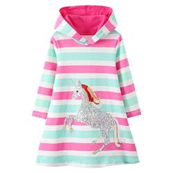 JinBei Mädchen Kapuzen Kleid Kinder Einhorn Streifen Pailletten Langarm Kapuzenpullover Baumwolle Freizeit Hoodies Pullover Sweatshirt Kleid Grün Tops Herbst 3-4 Jahre von JinBei