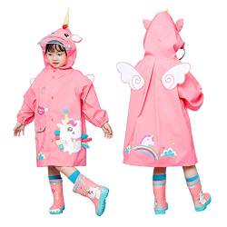 JinBei Mädchen Regenjacke Kinder Regenmantel Einhorn 3D Rosa Regen Leicht Slicker Cute Regenponcho Regencape Matschanzug Regenanzug Cartoon Regenbekleidung Reflektierender Streifen 6-8 Jahre von JinBei