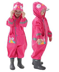 JinBei Regenanzug Mädchen Regenjacken Kinder Regenmantel mit Kapuze Overall Rose Red Eule Atmungsaktiv Matschanzug Leicht Regenfestes Regencape Regenkleidung Reflektierenden Streifen 6-7 Jahre von JinBei