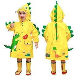 JinBei Regenjacke Kinder Junge Regenmantel Dinosaurier 3D Gelb Regen Leicht Slicker Cute Regenponcho Regencape Jungs Matschanzug Regenanzug Cartoon Regenbekleidung Reflektierender Streifen 4-6 Jahre von JinBei