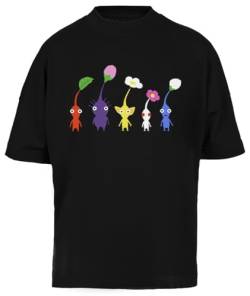 Niedliches Pikmin-Muster Schwarzes Baggy Tee Unisex-T-Shirt in Übergröße von Jinbetee