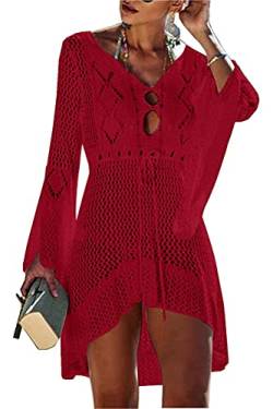 Jinsha-Bikini Cover-Up Pareos-Strandponcho Strandkleider-Gestrickte Damen-Sommer - Beach Swimwear Badeanzug Kurze Dress Sexy Mode Boho Elegant Festival Outfit Bikini & Strandkleider für Damen Rot von Jinsha