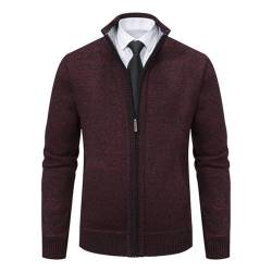 Jinsha Herren Strickjacke, Dicker Pullover, mit durchgehendem Reißverschluss, Stehkragen, warm, Fleece-gefüttert, Wintermantel(Wine red XS) von Jinsha