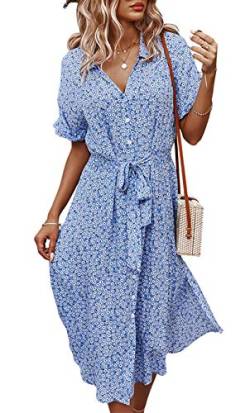 Jiraewh Damen Blumen Sommerkleid Knopf Kurzarm V-Ausschnitt Lose Knielang Kleid High Waist Midi-Hemdkleid Strandkleider Polka Dots Knopfkleid Langarmkleid (3038-Blau L von Jiraewh