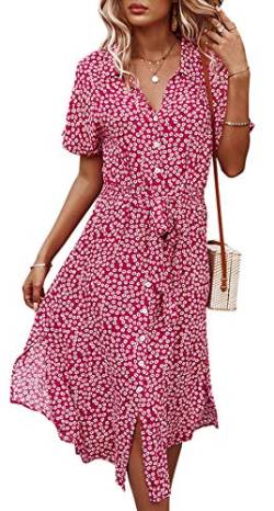 Jiraewh Damen Blumen Sommerkleid Knopf Kurzarm V-Ausschnitt Lose Knielang Kleid High Waist Midi-Hemdkleid Strandkleider Polka Dots Knopfkleid Langarmkleid (3038-Rot M von Jiraewh