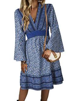 Jiraewh Damen Boho Sommerkleid Blumen Knielang Swing Kleider Tief V-Ausschnitt Trompeten Langarm Retro A-Linie Skaterkleid elastische Hohe Taille Casual Strandkleid（5084-BL,L） von Jiraewh