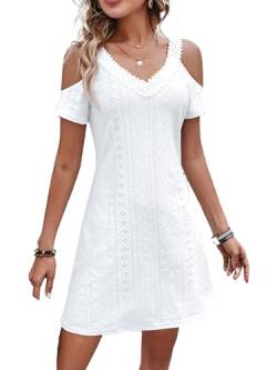 Jiraewh Damen Einfarbig Ösen Schulterfreies Kurzarm Spitze V-Ausschnitt Sommerkleid Mini Kleid für Urlaub und Freizeit (M, Weiß) von Jiraewh