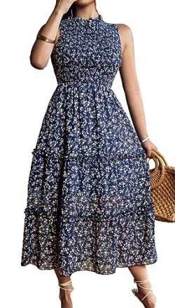 Jiraewh Damen ärmellos Sommerkleid Blumen Boho Chiffonkleid Rundhals Casual Strandkleid Elastizität Hohe Taille Gesmokte abgestufte Midikleid Partykleid(5081-MB XL) von Jiraewh