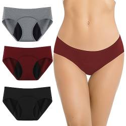 Jiuday 100% Baumwolle Periodenunterschwäsche Starke Blutung Perioden Unterwäsche für Mädchen Damen Perioden Bikini Menstruation Unterwäsche Auslaufsichere-3 Stücken (Schwarz+Grau+Burgund,2XL) von Jiuday