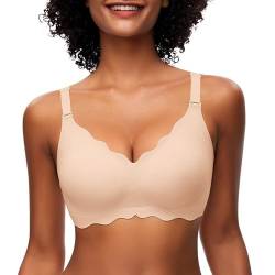 Jiuday Damen BH ohne Bügel Spitzen Soft BH Große Brüste Starker Halt Push Up Bügelloser BH Gepolstert Seamless Bequemer Nahtloser Bra V-Ausschnitt Minimizer Bralette (Beige,M) von Jiuday