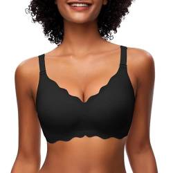 Jiuday Damen BH ohne Bügel Spitzen Soft BH Große Brüste Starker Halt Push Up Bügelloser BH Gepolstert Seamless Bequemer Nahtloser Bra V-Ausschnitt Minimizer Bralette (Schwarz,S) von Jiuday