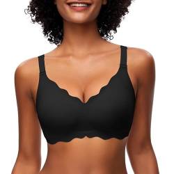 Jiuday Soft BH ohne Bügel Push Up BH Große Brüste Starker Halt Seamless Spitzen Bra Bügelloser BH V-Ausschnitt Bequemer Bralette (Schwarz,XL) von Jiuday