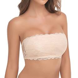 Jiuday Spitze BH ohne Träger Bandeau BH Trägerlos Gepolstert Trägerloser BH ohne Bügel mit Transparenten Trägern (Beige,M) von Jiuday