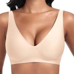 Jiuday Tiefer V Push Up BH ohne Bügel for Damen Bequemer BH für Große Brüste Starker Halt Seamless Soft Bügelloser Gepolstert Nahtloser Glatter BH (Beige,M) von Jiuday