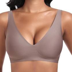 Jiuday Tiefer V Push Up BH ohne Bügel for Damen Bequemer BH für Große Brüste Starker Halt Seamless Soft Bügelloser Gepolstert Nahtloser Glatter BH (Kaffee,L) von Jiuday