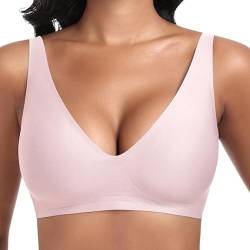 Jiuday Tiefer V Push Up BH ohne Bügel for Damen Bequemer BH für Große Brüste Starker Halt Seamless Soft Bügelloser Gepolstert Nahtloser Glatter BH (Rosa,S) von Jiuday