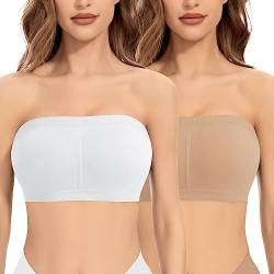 Jiuday Trägerloser BH ohne Gepolstert Bandeau BH BH Trägerlos ohne Bügel Nahtloser Seamless Tube Top Bralette für Damen (Beige+Weiß,L) von Jiuday