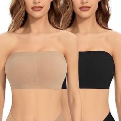 Jiuday Trägerloser BH ohne Gepolstert Bandeau BH BH Trägerlos ohne Bügel Nahtloser Seamless Tube Top Bralette für Damen (Schwarz+Beige,XL) von Jiuday