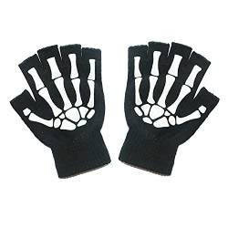 Skelett-Handschuhe für Halloween, dehnbar, gestrickt, für Damen und Herren, Skelett-Handschuhe, leuchtet im Dunkeln, Fingerlos, Erwachsene von Jiuhong