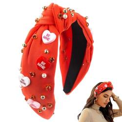 Jlobnyiun Valentinstag-Stirnband, geknotete Stirnbänder für Damen - Perlen-Liebes-Herz-Stirnband mit Knoten | Mit Strasssteinen verziertes Haarband für Damen von Jlobnyiun