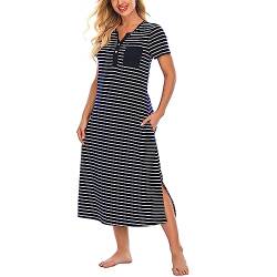 Jlowesun Nachthemd Damen Lang Baumwolle Baggy Nachthemden Nachtwäsche Plus Size Sleepshirt Kurzarm V-Ausschnitt Schlafkleid Schlafshirt Lässige mit Taschen Knopfleiste von Jlowesun