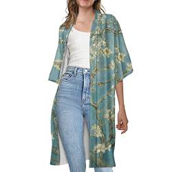 Jndtueit Damen Kurzarm Casual Open Front Cardigans Mode Chiffon Kimono Outwear Mantel, Van Gogh Mandelblüte, M von Jndtueit