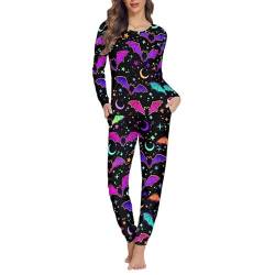 Jndtueit Damen Pyjama Set mit Tasche Nachtwäsche Top und Hose Größe XS-6XL, Bunte Fledermaus., 46 von Jndtueit