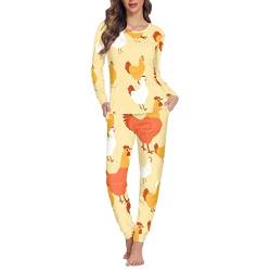 Jndtueit Damen Schlafanzug-Set für Nachtwäsche oder Loungewear, 2-teilig, Größe XS-6XL, Mit niedlichem Huhn-Aufdruck, 42 von Jndtueit