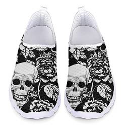 Jndtueit Damen Sportliche Wanderschuhe Cool Skeleton Skull Blumenmuster Leichte Mesh Laufschuhe Slip-on Tennis von Jndtueit