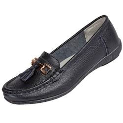 Damen-Loafer mit großer Passform, Leder, Quaste, Mokassin, flach, zum Reinschlüpfen, Größe 37-42, Schwarz , 39 EU von Jo & Joe