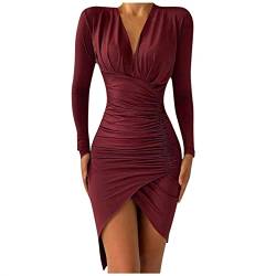 JoCome Damen Bodycon Tief V-Ausschnitt Bleistiftkleid Minikleid,Elegant Tunika Kleid,Damen Cocktailkleid, Midi-Kleid, mit Langen Ärmeln, V-Ausschnitt, Sexy Abendkleid Kurz Partykleid, Wein, S von JoCome