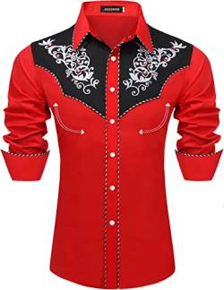 JoZorro Herren Langarmhemd mit Perlen und Druckknöpfen, Cowboy-Schnitt, Western-Stickerei, lässig, Button-Down-Shirt, Rot mit Strass, XL von JoZorro