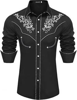 JoZorro Herren Langarmhemd mit Perlen und Druckknöpfen, Cowboy-Schnitt, Western-Stickerei, lässig, Button-Down-Shirt, Schwarz, L von JoZorro