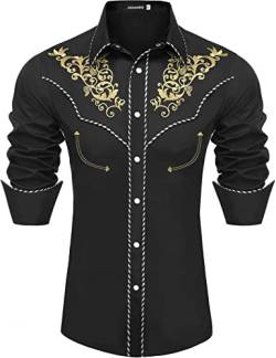 JoZorro Herren Langarmhemd mit Perlen und Druckknöpfen, Cowboy-Schnitt, Western-Stickerei, lässig, Button-Down-Shirt, Schwarz Gold, L von JoZorro