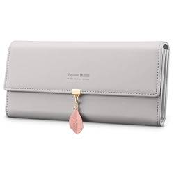 Jocose Moose Geldbörse Damen Leder, Damen Geldbeutel Große Kapazität, Elegant Damen Portemonnaie Brieftasche, PU Leder Lang Damen Portmonee mit Handyfach(Grau) von Jocose Moose