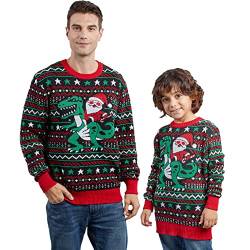 Ugly Christmas Sweaters Familie Passender Dinosaurier Rundhals Strickpullover für Urlaub Party Festival Pullover Outfits (Grün, Medium-Herren) von Jodimitty