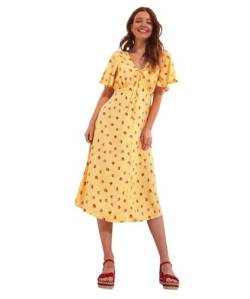 Joe Browns Damen Midikleid mit Erdbeer-Print und Engelsärmeln und Knopfleiste Kleid, gelb, 42 von Joe Browns