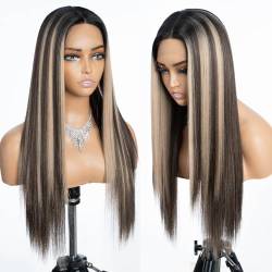 Joedir 13x4x4 Lace Frontal Perücke 26" lang gerade frei Scheitel Seide Basis Lace Front Perücken mit Baby Haar (26inch, Ombre Highligts) von Joedir