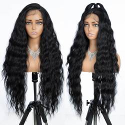 Joedir Black Lace Front Perücke 13X4 Lace Frontal Perücke mit Baby Hair Long Wavy Free Part Perücke High Temperature Synthetic Perücken für Frauen 76 CM von Joedir