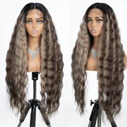 Joedir Lace Front Perücken für schwarze Frauen 13x4 Lace Frontal Perücken Vorgezupft mit Babyhaar Lang gewellt frei Teil Perücke Hohe Temperatur Synthetische Perücken für Frauen 76 CM Highlights Farbe von Joedir