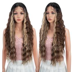 Joedir Perücke Höhepunkte Lang Perücke Lace Fronts 76cm lang gewellte synthetische Perücke 4,5" tiefes Mittelteil HD transparente Spitze für Frauen 130% Dichte Perücken von Joedir