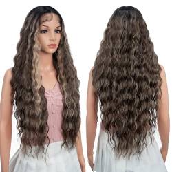 Joedir Perücke Höhepunkte Lang Perücke Lace Fronts 76cm lang gewellte synthetische Perücke 4,5" tiefes Mittelteil HD transparente Spitze für Frauen 130% Dichte Perücken von Joedir