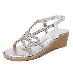 Jofeat Damen Sommer Sandalen Dicken Boden Hang mit Plattform Bogen Strass Schuhe,Silber,37 von Jofeat