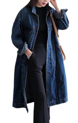 Jofemuho Damen Jeansjacke, klassisch, lang, Übergröße, lockere Ärmel, Knopfleiste, Denim-Jacke, Trenchcoat, dunkelblau, Small von Jofemuho