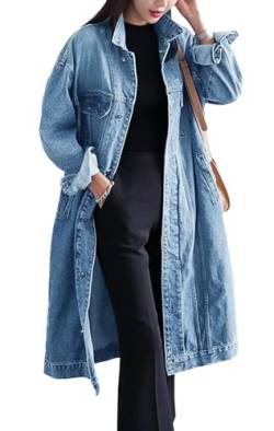 Jofemuho Klassische lange Damen-Jeansjacke, Übergröße, lockerer Schnitt, langärmelig, Button-Down-Jeansjacke, Trenchcoat, Hellblau1, 4X-Groß von Jofemuho